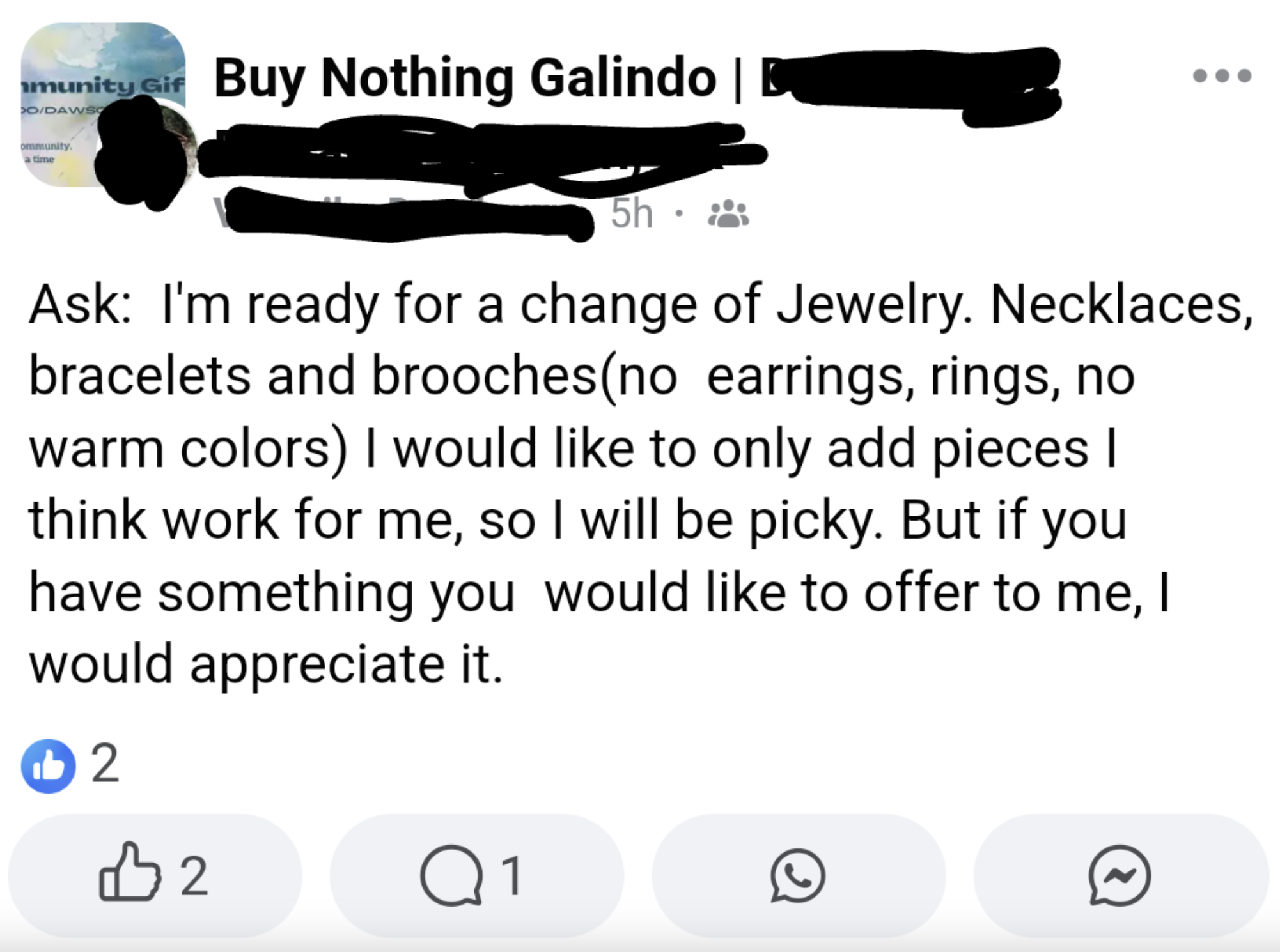 screenshot - munity Gif Buy Nothing Galindo | 5h Ask I'm ready for a change of Jewelry. Necklaces, bracelets and brooches no earrings, rings, no warm colors I would to only add pieces I think work for me, so I will be picky. But if you have something you 